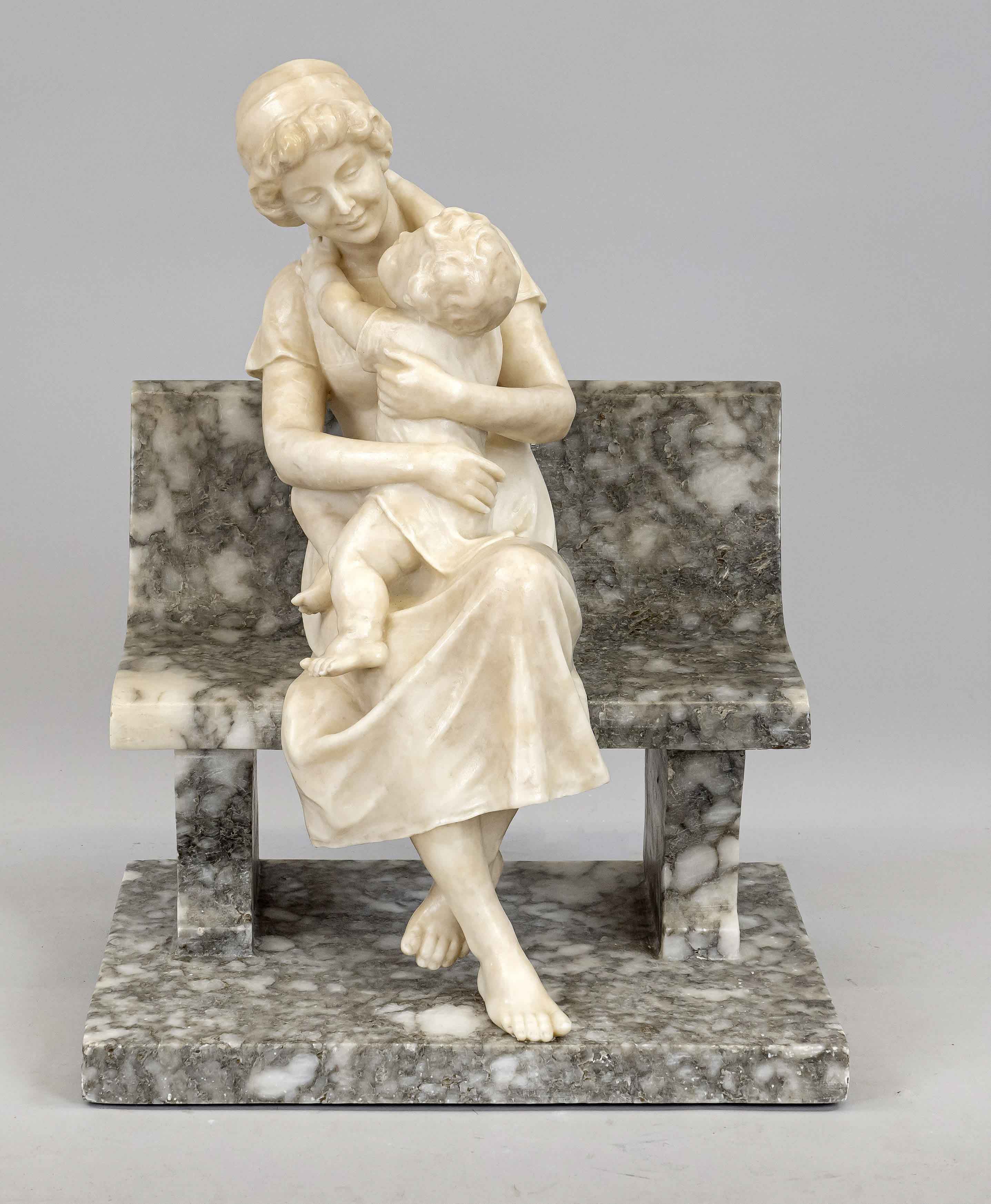 Sylvan Kinsburger (1855 - 1935), Mother with child on a park bench, two-tone alabaster, signed on