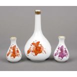 Three vases, Herend, mark after 1967, bottle shape, Apponyi decoration in red and purple, ornamental