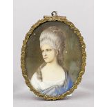 Miniature, 19th century, polychrome tempera painting on bone plate, unopened, oval portrait of a