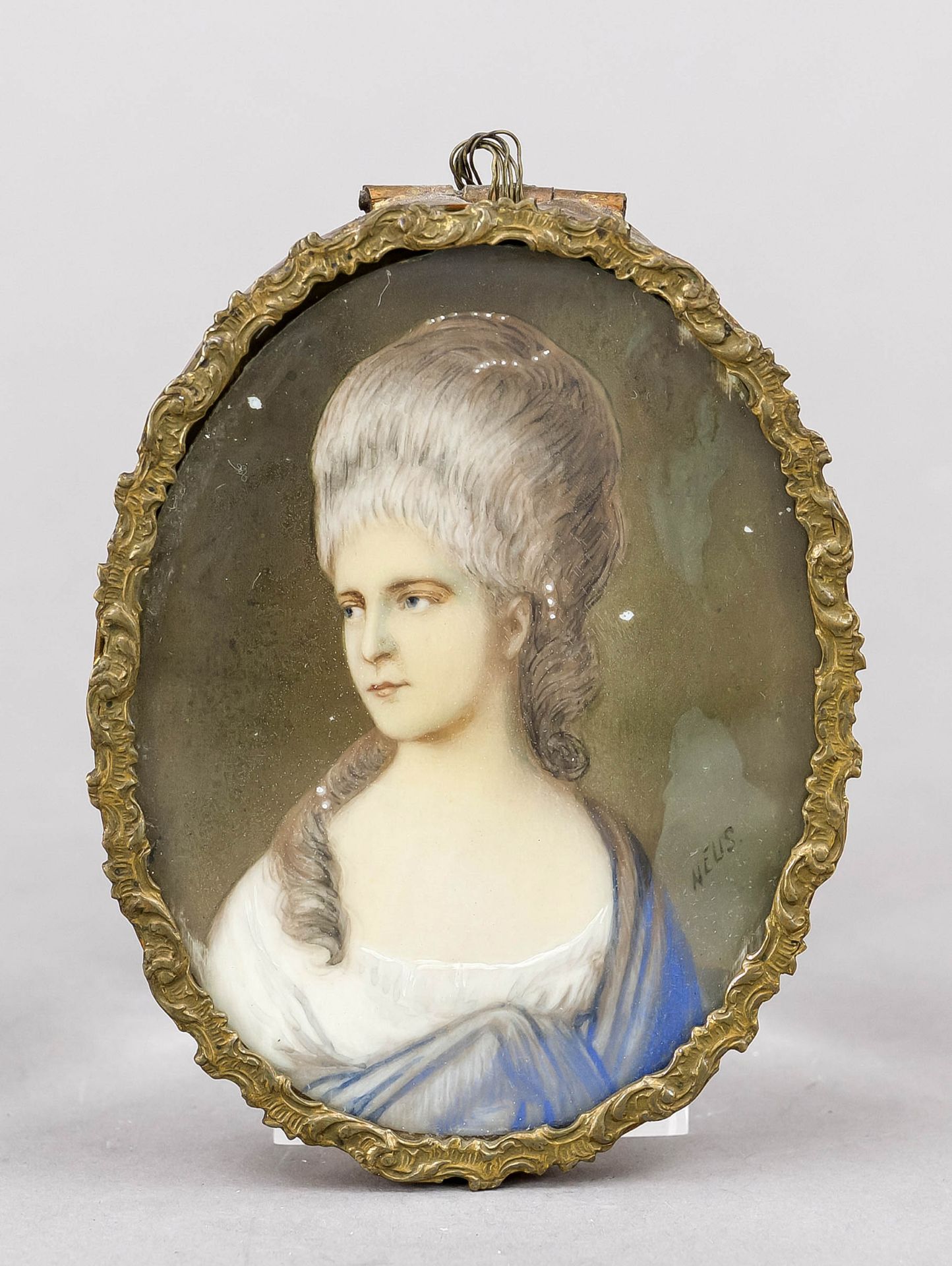 Miniature, 19th century, polychrome tempera painting on bone plate, unopened, oval portrait of a