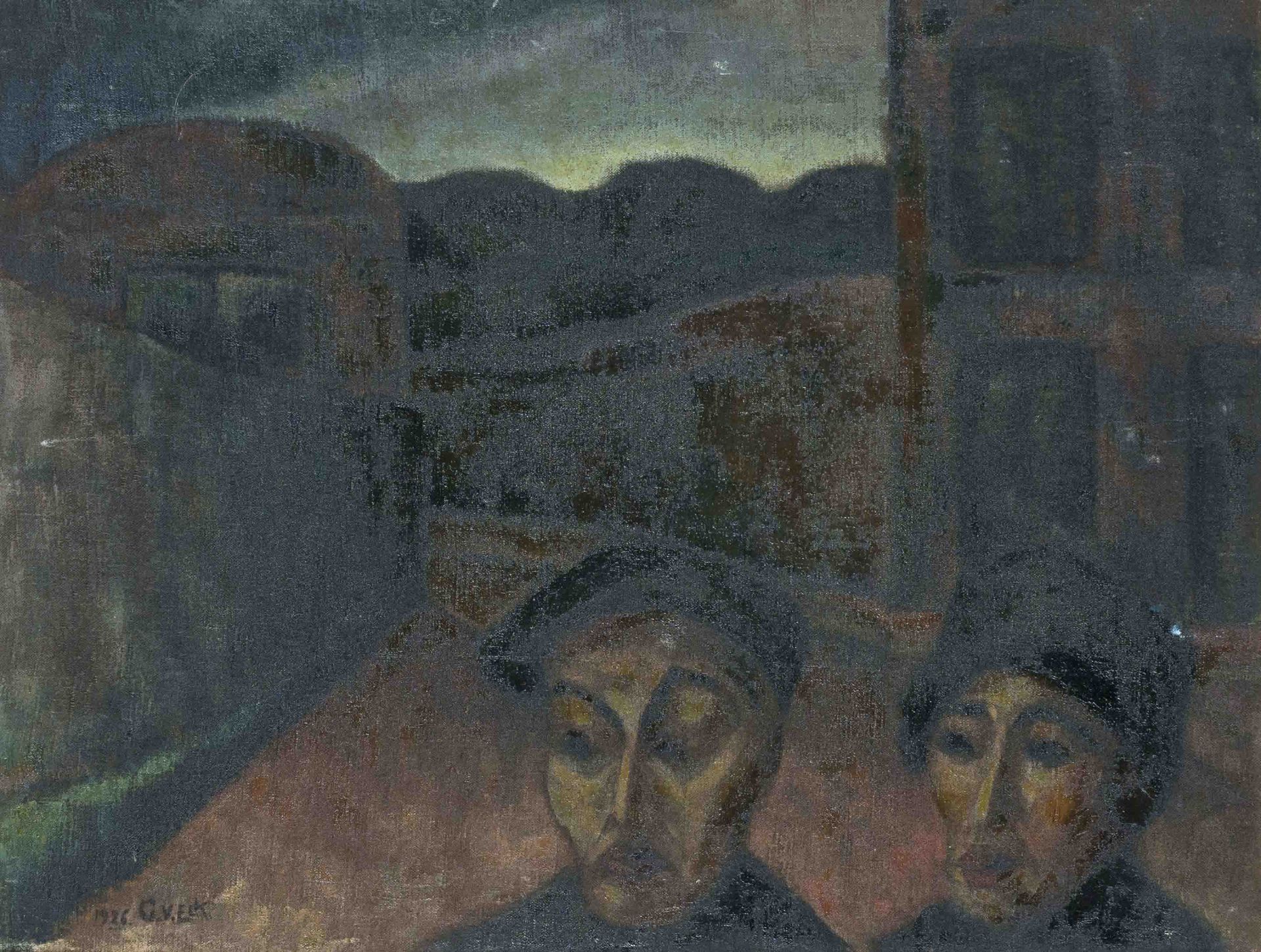 Gerard van Eck (1901-1974), Dutch painter, Couple on a gloomy street, expressionist work of the