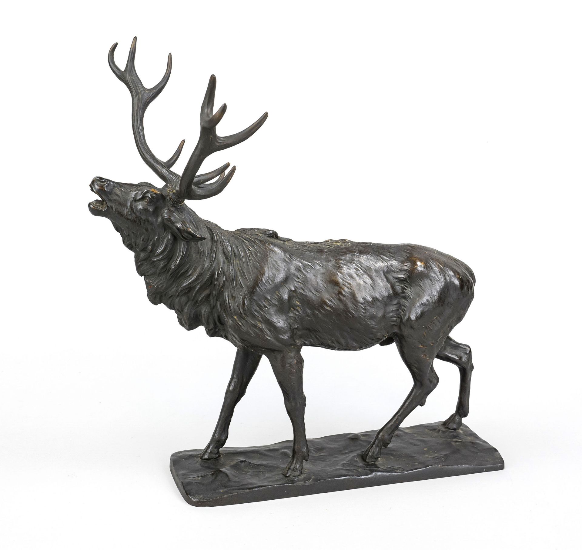 Anonymous sculptor 1st half 20th century, roaring stag, dark patinated bronze on rectangular plinth, - Image 2 of 2