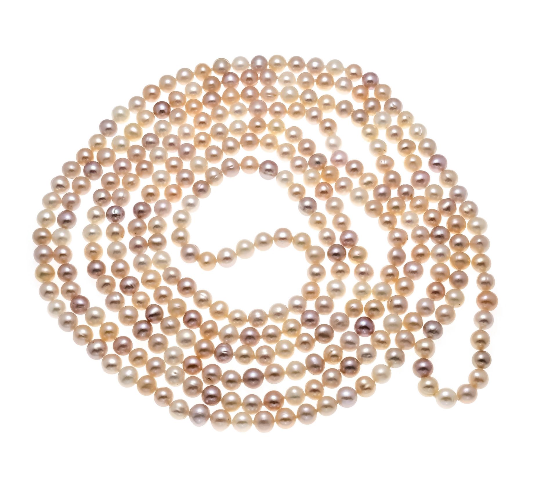 Very long cultured pearl necklace made of multicolor cultured pearls 8 mm in rose, natural yellow