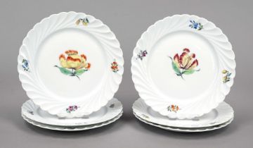 Six dessert plates, Nymphenburg, mark 1925-1975, ribbed rim, polychrome flower painting, Ø 19 cm