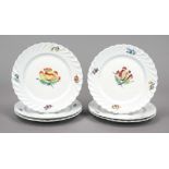 Six dessert plates, Nymphenburg, mark 1925-1975, ribbed rim, polychrome flower painting, Ø 19 cm