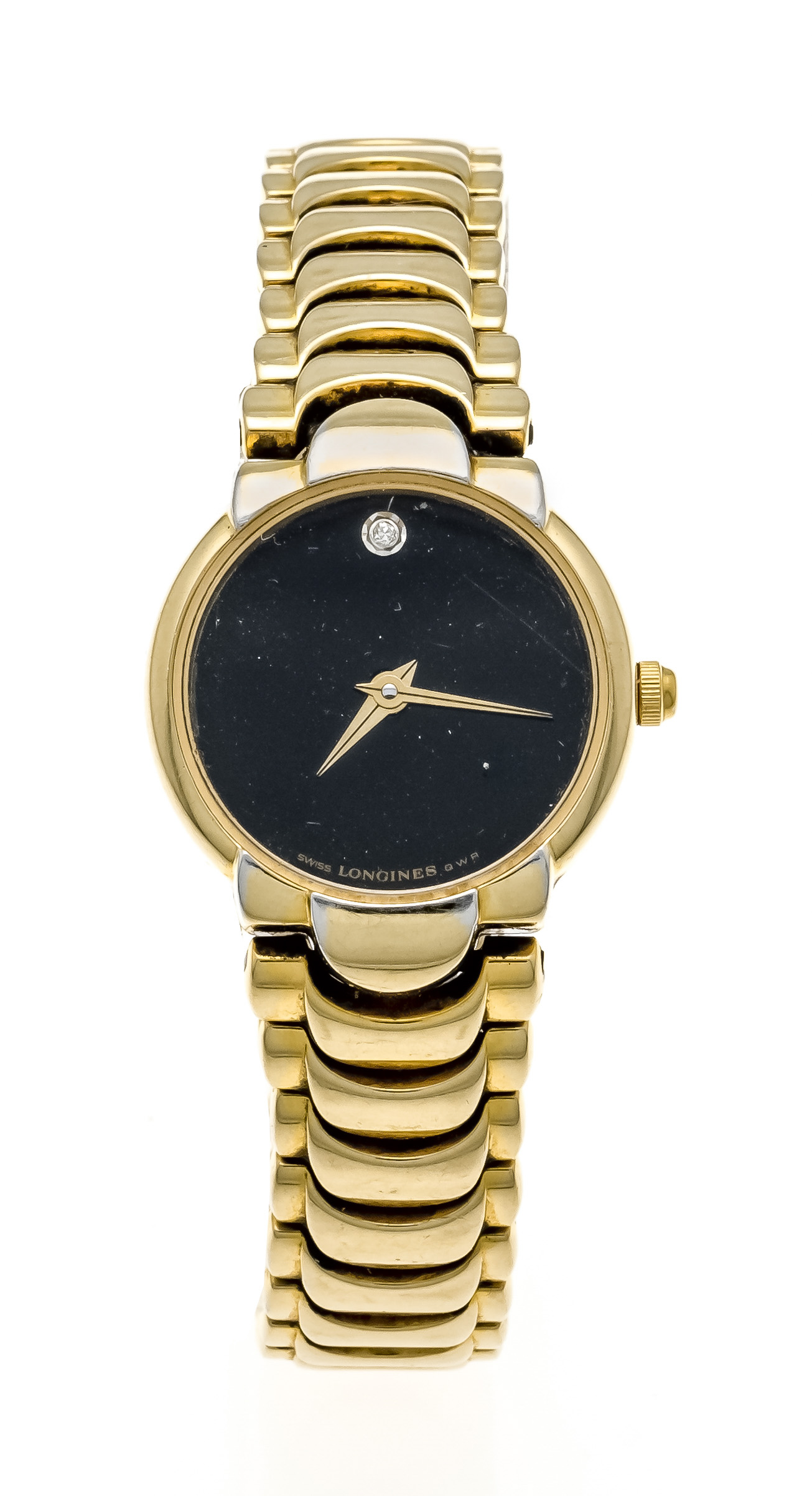 Longines ladies quartz watch, circa 2000, gold-plated with metal bracelet, black dial with diamond