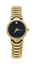 Longines ladies quartz watch, circa 2000, gold-plated with metal bracelet, black dial with diamond