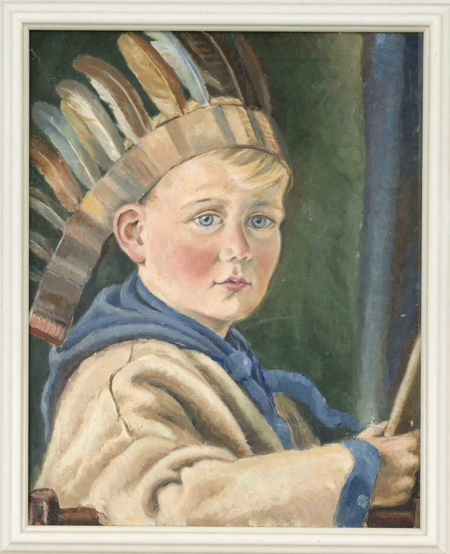 Anonymous artist c. 1930, Portrait of a boy in an Indian costume, oil on canvas, unsigned, small