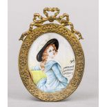 Miniature, 19th/20th century, polychrome tempera painting on bone plate, unopened, oval portrait