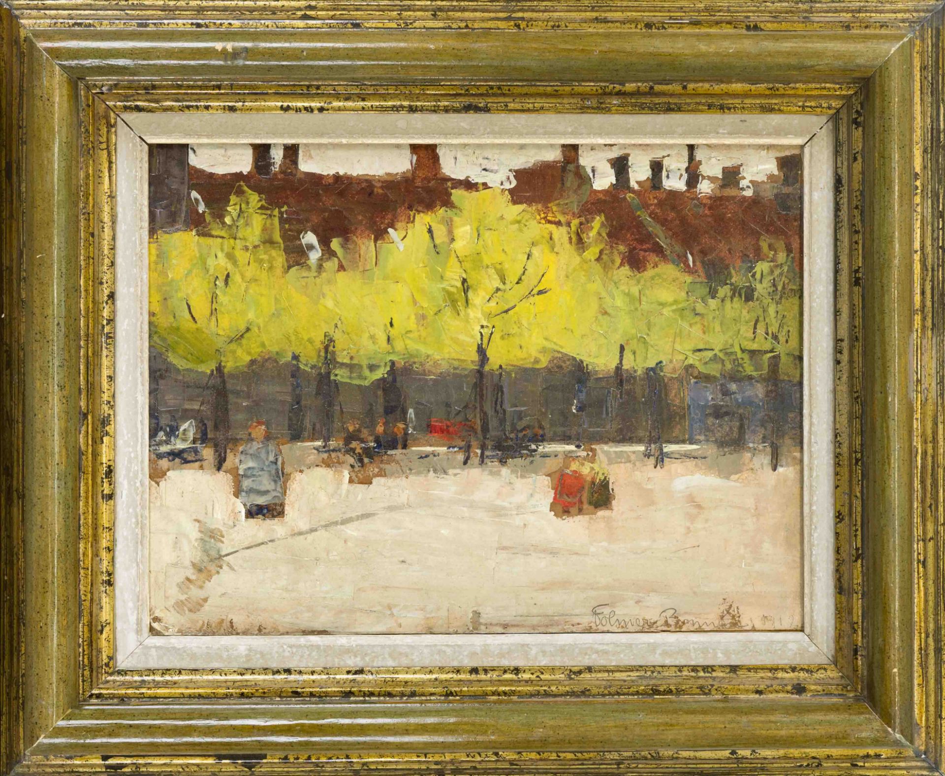 Folmer Bonnén (1885-1960), Danish painter, urban park, oil on cardboard, signed and dated 1912 lower