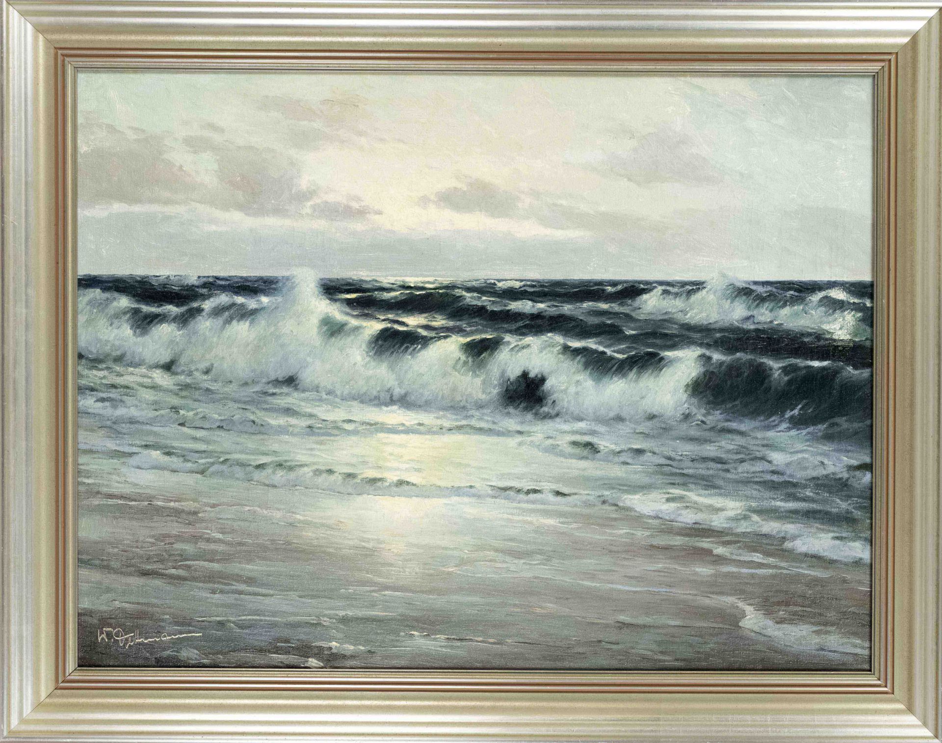 Walter Dettmann (1914-1984), Berlin marine painter, Sea surf in the evening light, oil on canvas,