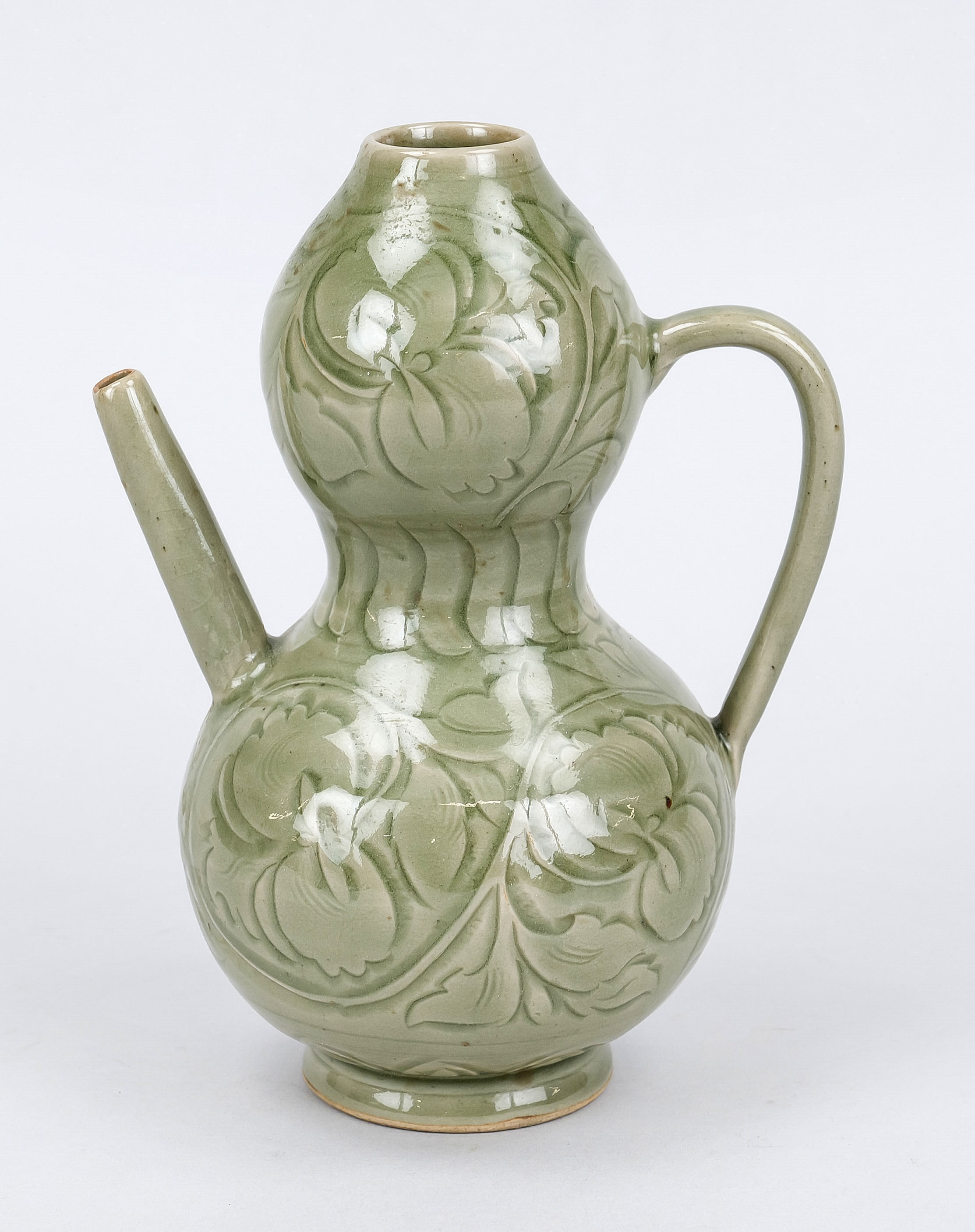 Longquan celadon jug, China 19th/20th century, double calabash shape with loop handle and