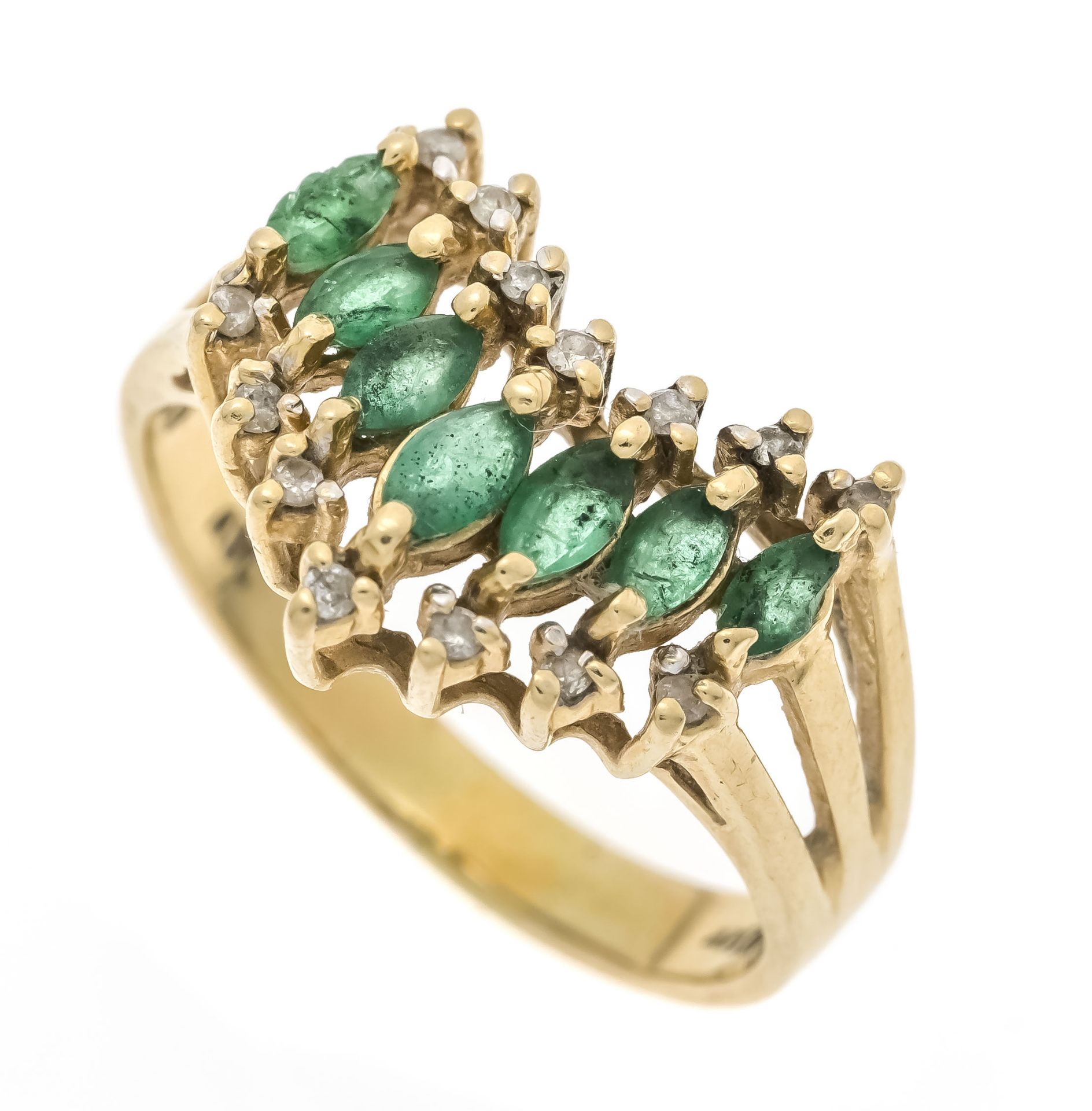 Emerald-brilliant ring GG 585/000 with 7 faceted emerald navettes 4.2 x 2.2 mm green, translucent