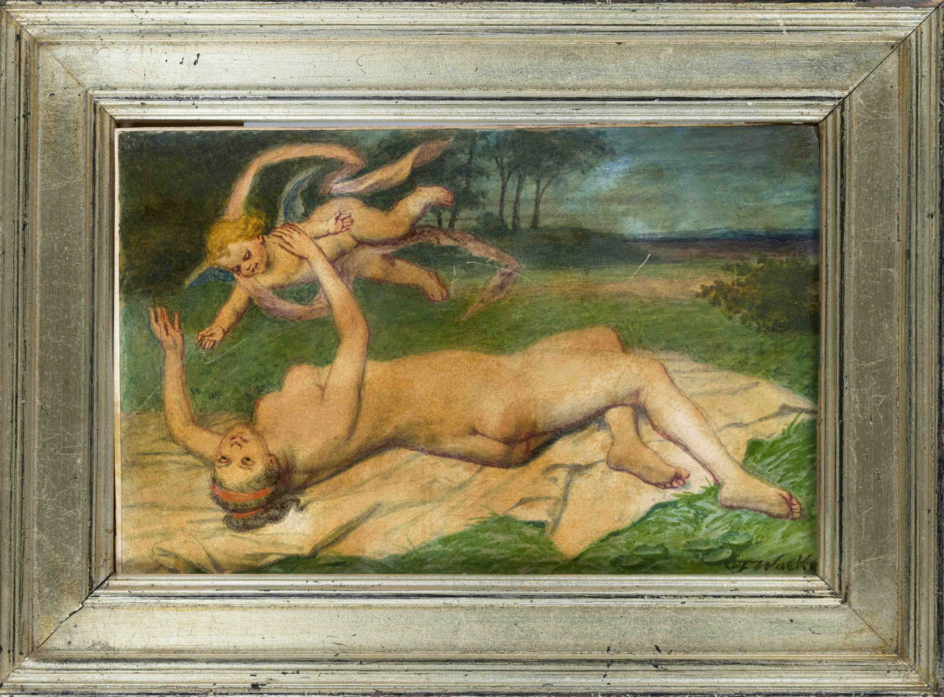 F. Wacker, 1st half of the 20th century, Nude playing with a putto in a forest clearing, oil on