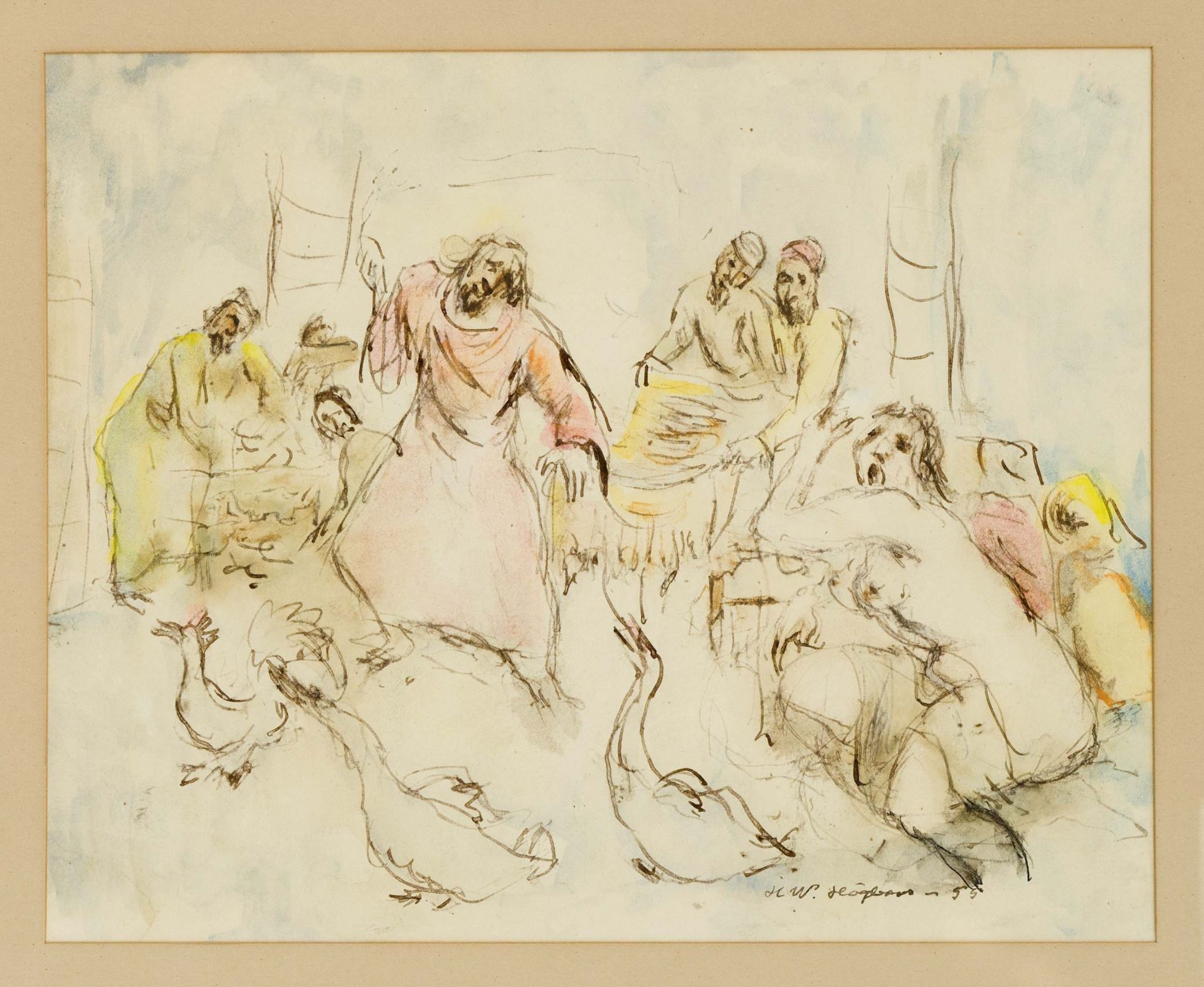 Unidentified artist c. 1950, ''Steinigung'', illustrative work in watercolor and pen and ink on