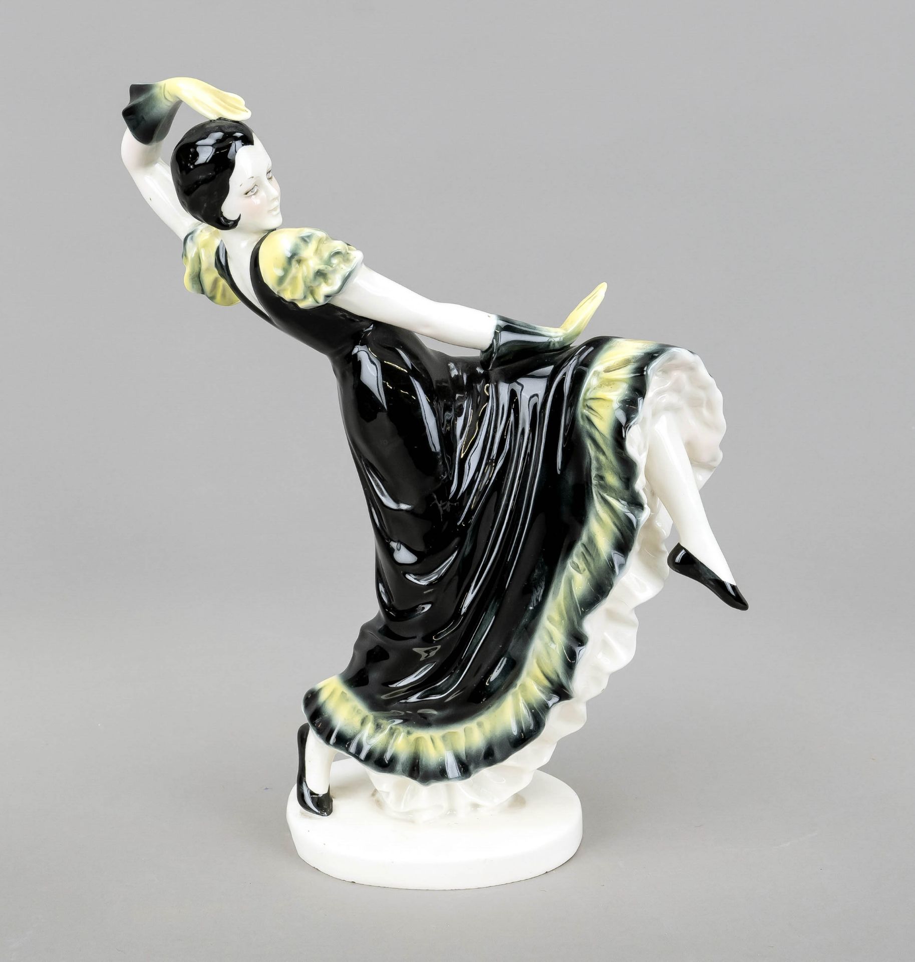 Spanish dancer, 1920s, in the Goldscheider manner, ceramic, glazed black and yellow, model no.
