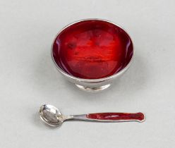 Round saliere with spoon, Denmark, 2nd half 20th century, marked Meka, sterling silver 925/000, on