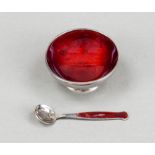 Round saliere with spoon, Denmark, 2nd half 20th century, marked Meka, sterling silver 925/000, on