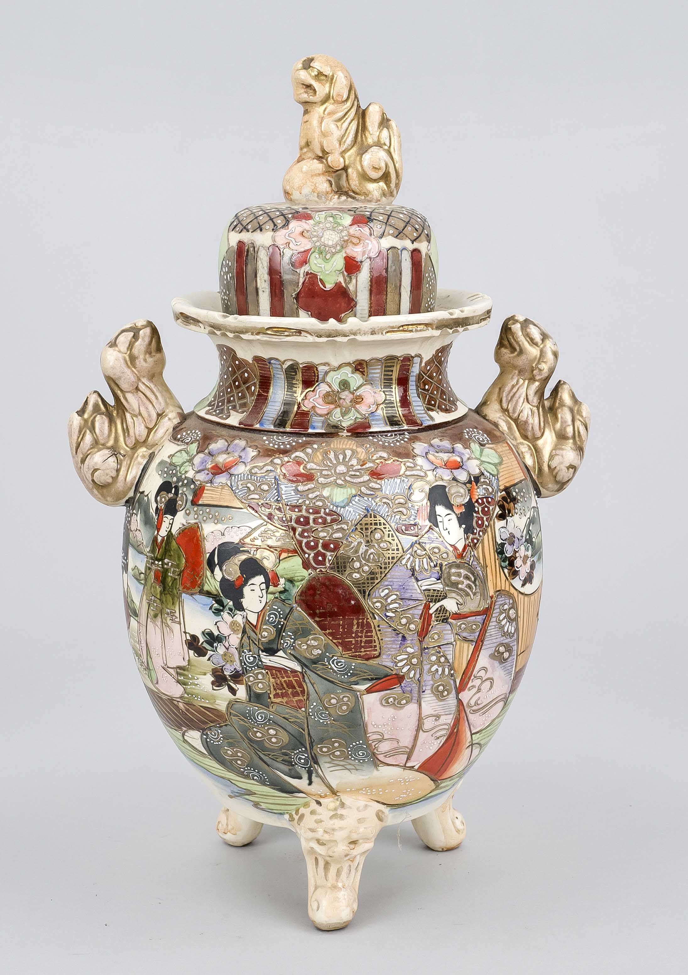 Satsuma lidded vase, Japan c. 1900 (Meiji), bulbous body on 3 feet with figural handles. Lid with