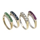 4-part rivière ring set WG 585/000, each with 5 round faceted emeralds, rubies and sapphires 3.1