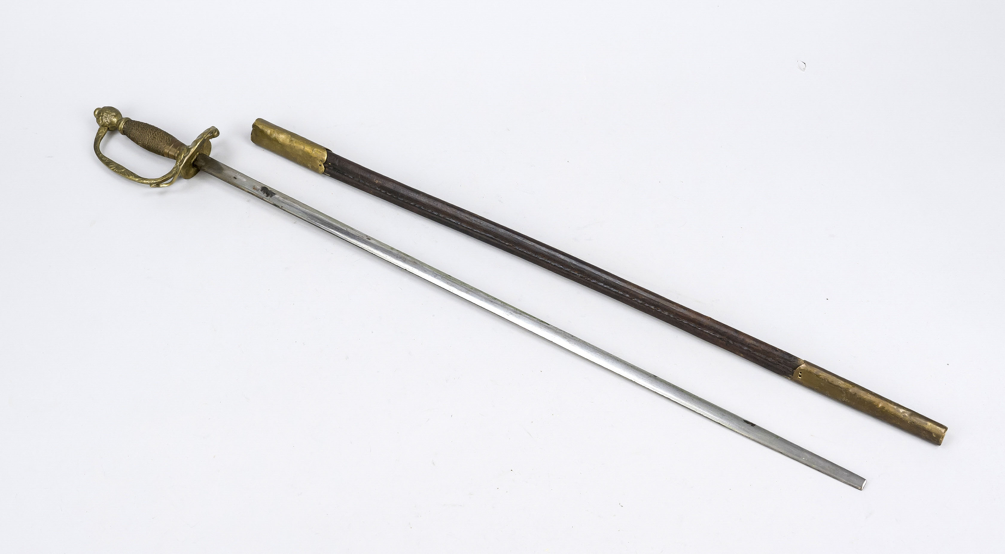 Sword with scabbard, 19th century. Blade without edge and without point, brass hilt, grip with