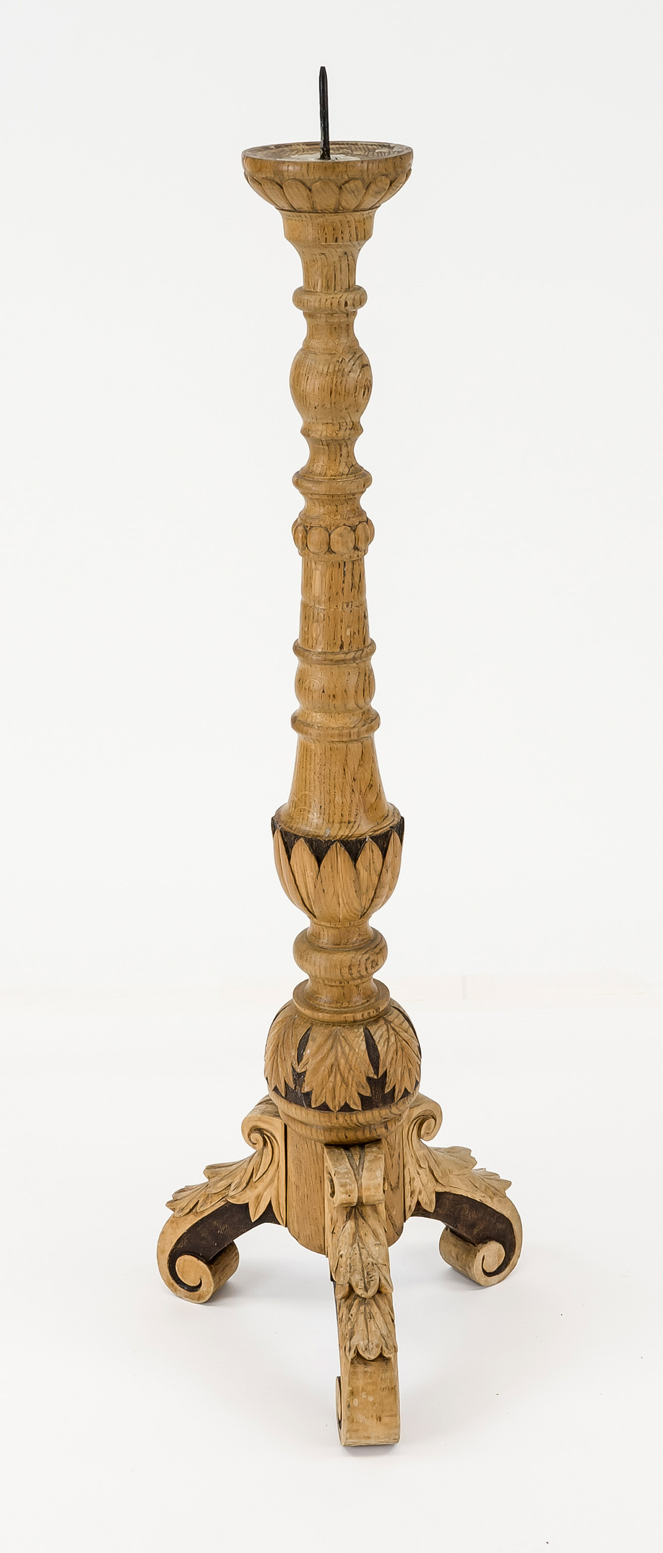 Standing chandelier, late 19th century, turned and carved oak, partially darkened, rubbed and