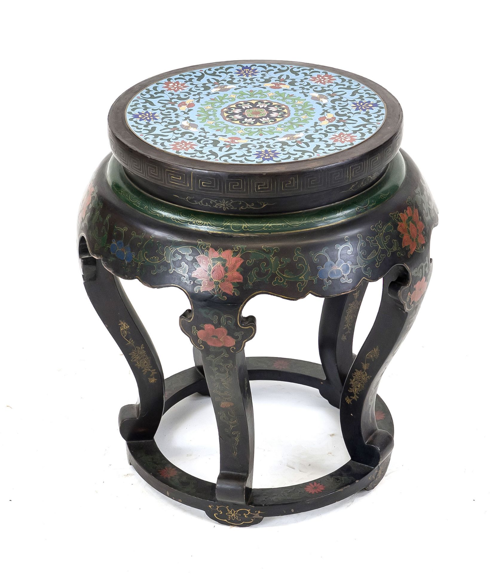 Stool with cloisonné support, China 20th century, wood with black lacquer and painting, cloisonné