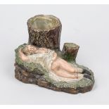 Erotic smoking set, late 19th century, polychrome painted stoneware. Hollow tree stumps as holder