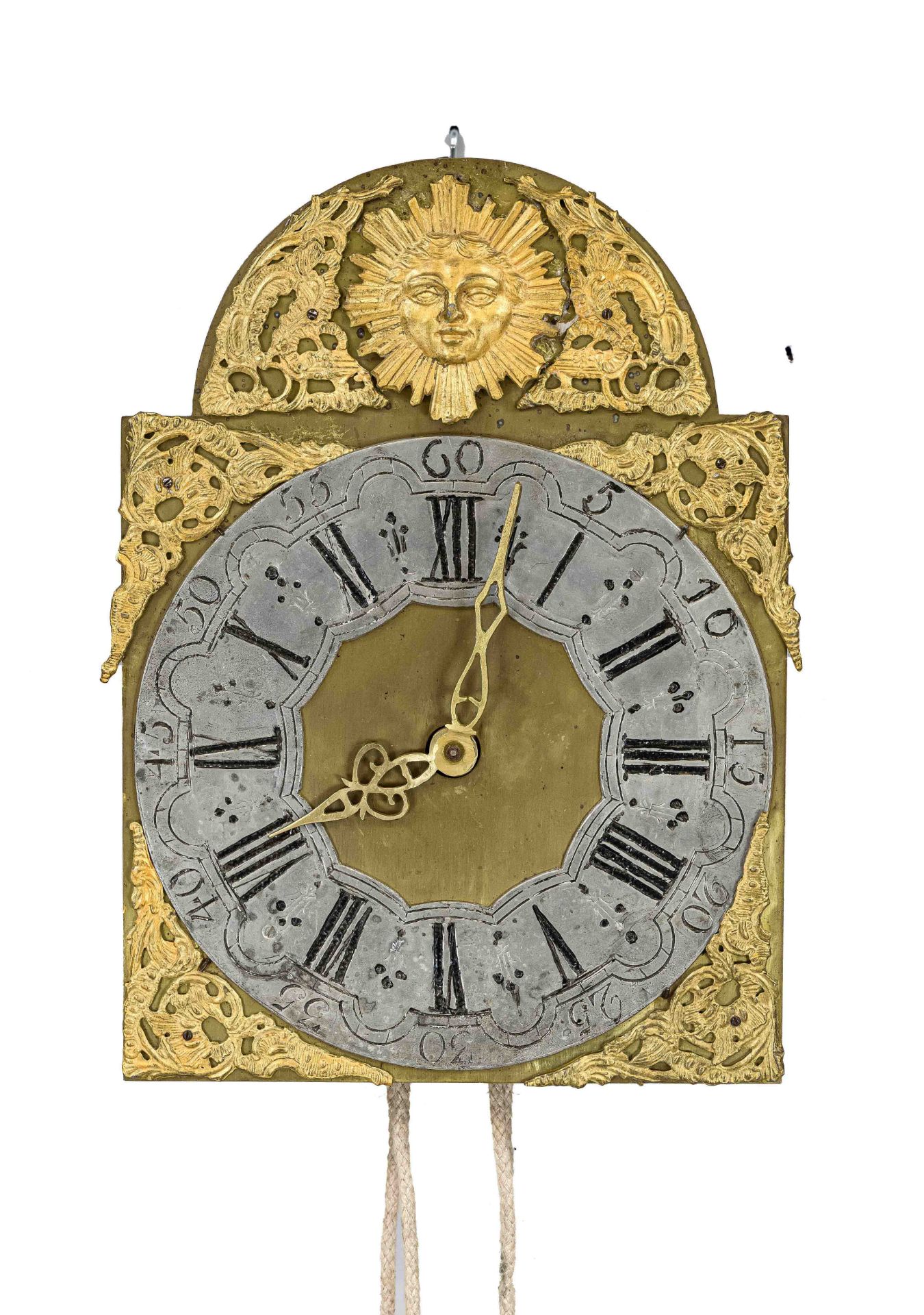 Wall clock with wall bracket, early 19th century, brass dial with applied gilded bronze, solid brass