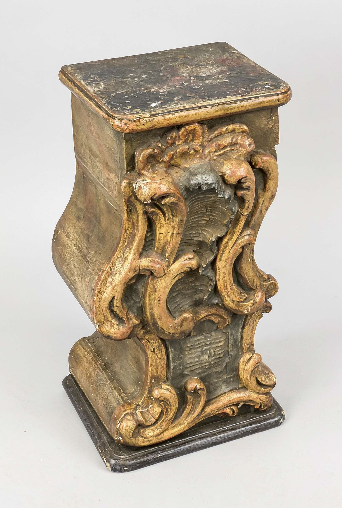 Baroque console, 18th century, carved wood, polychrome and gold painted, rubbed & chipped, h. 55 cm