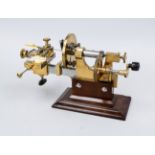 Watchmaker's lathe, clamp lathe around 1900, brass/steel, beautifully refurbished and decorated on a