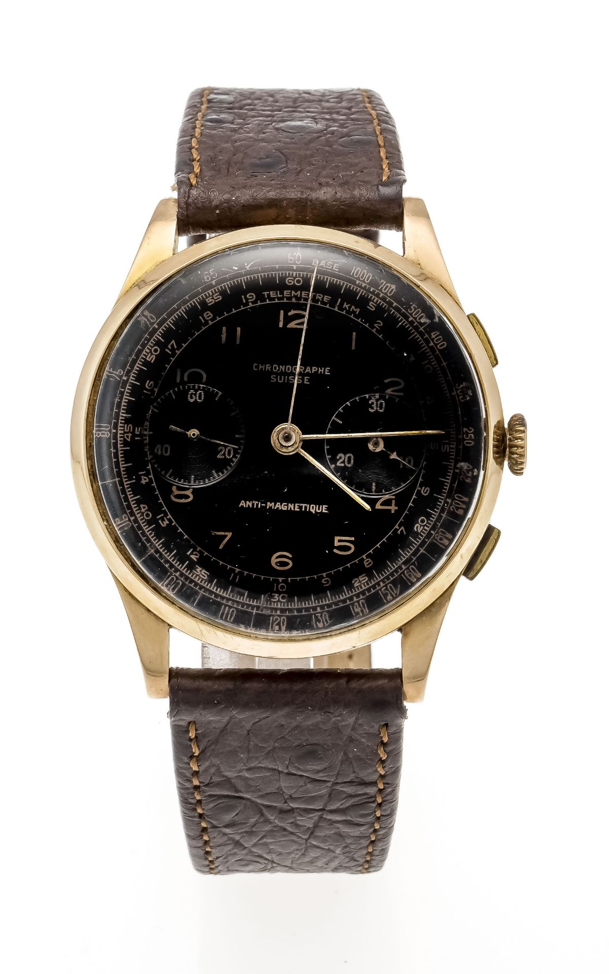 Swiss Chronograph, circa 1960, 750/000 RG, polished plexiglass case, black dial with Arabic