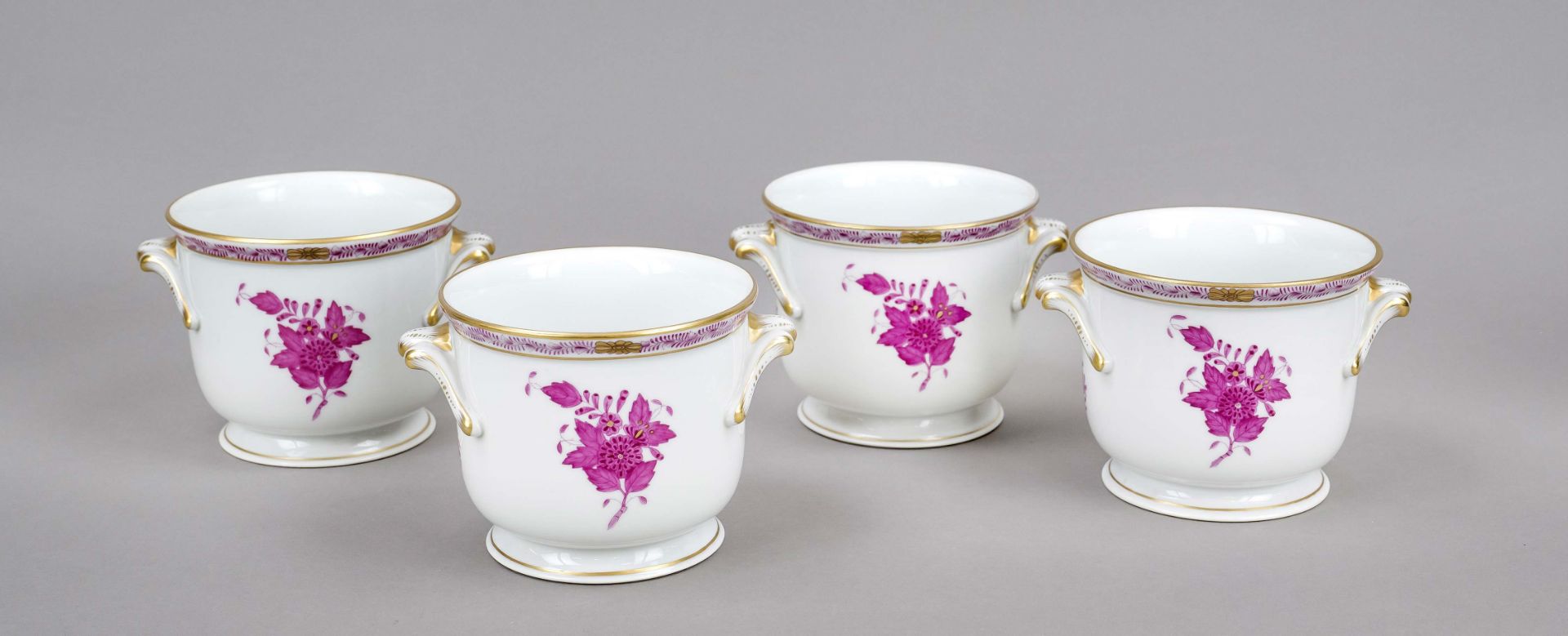 Four cachepots, Herend, 2nd half of the 20th century, Apponyi decoration in purple, gold staffage,