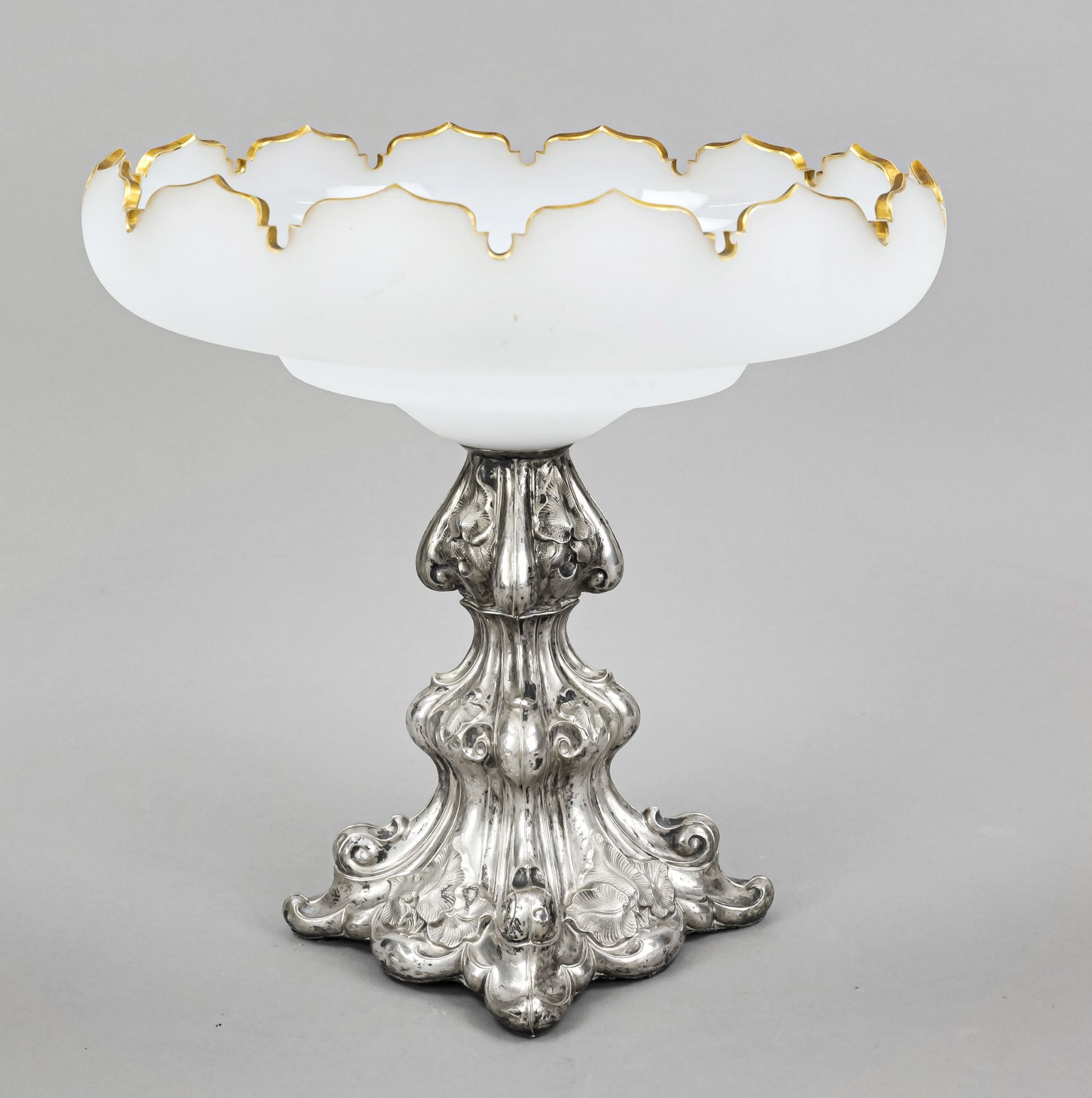 Large centerpiece, 19th century, with square, curved stand (filled), silver tested, domed and