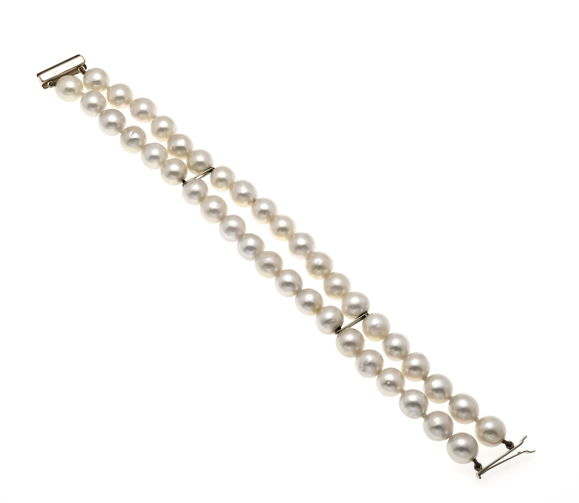 2-row Akoya pearl bracelet with box clasp GG 585/000, strands of cream-colored Akoya pearls 8.5 - Image 2 of 2