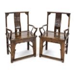 Pair of armchairs, China, probably 19th century, dark hardwood, partially carved, rubbed and