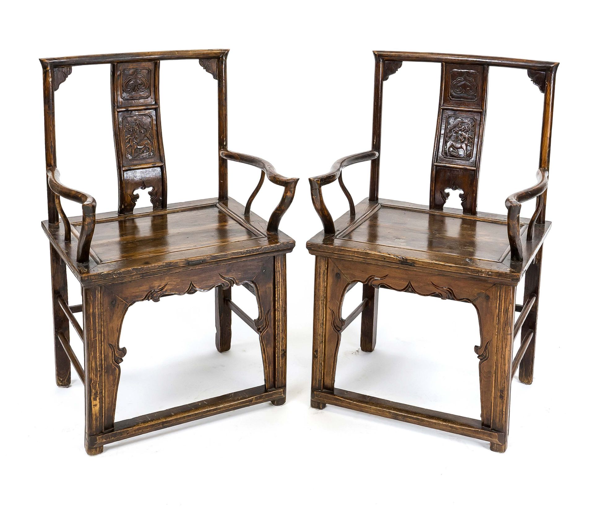 Pair of armchairs, China, probably 19th century, dark hardwood, partially carved, rubbed and