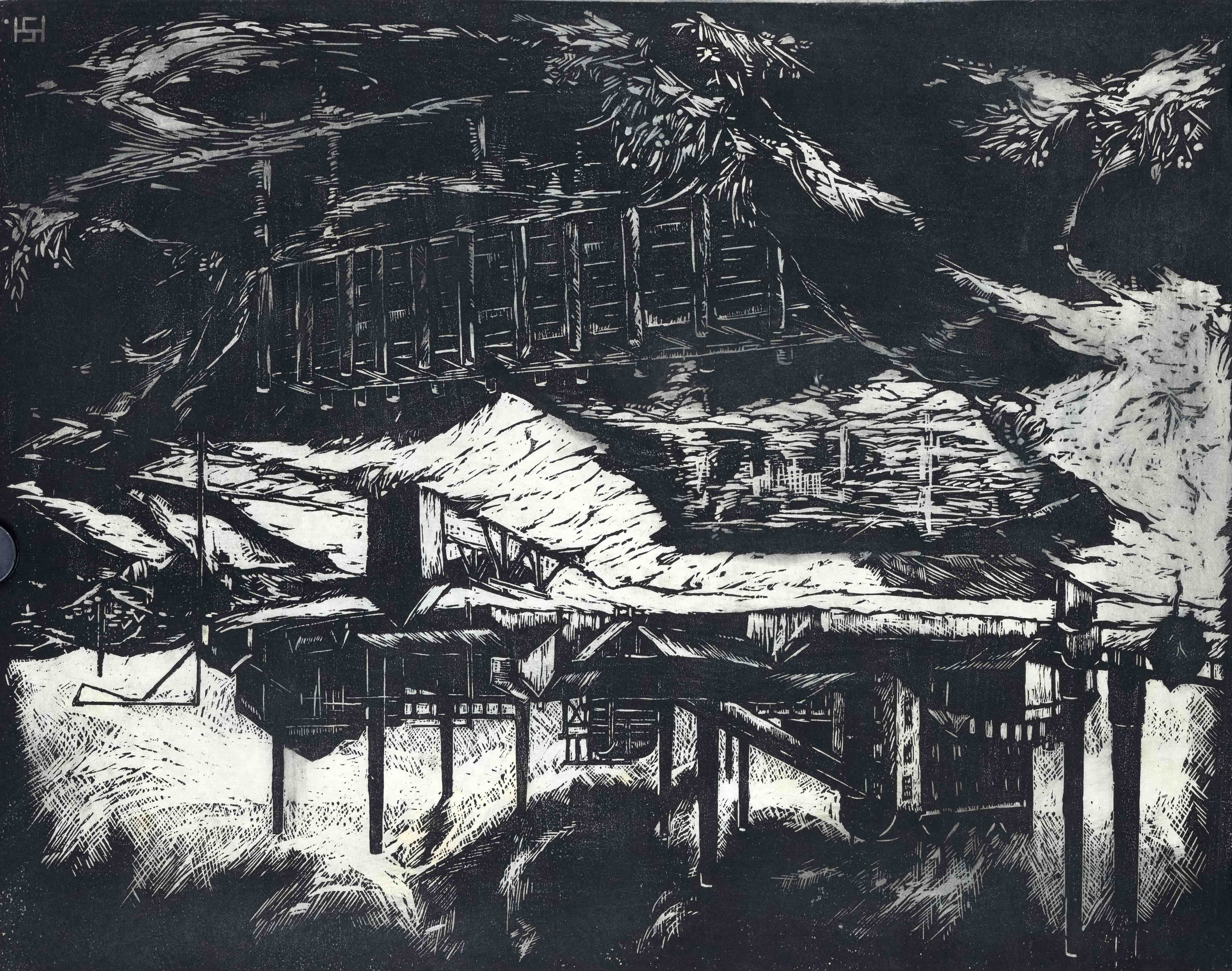 Monogrammist HS, 1st half 20th century, industrial landscape, large woodcut on very fine paper,