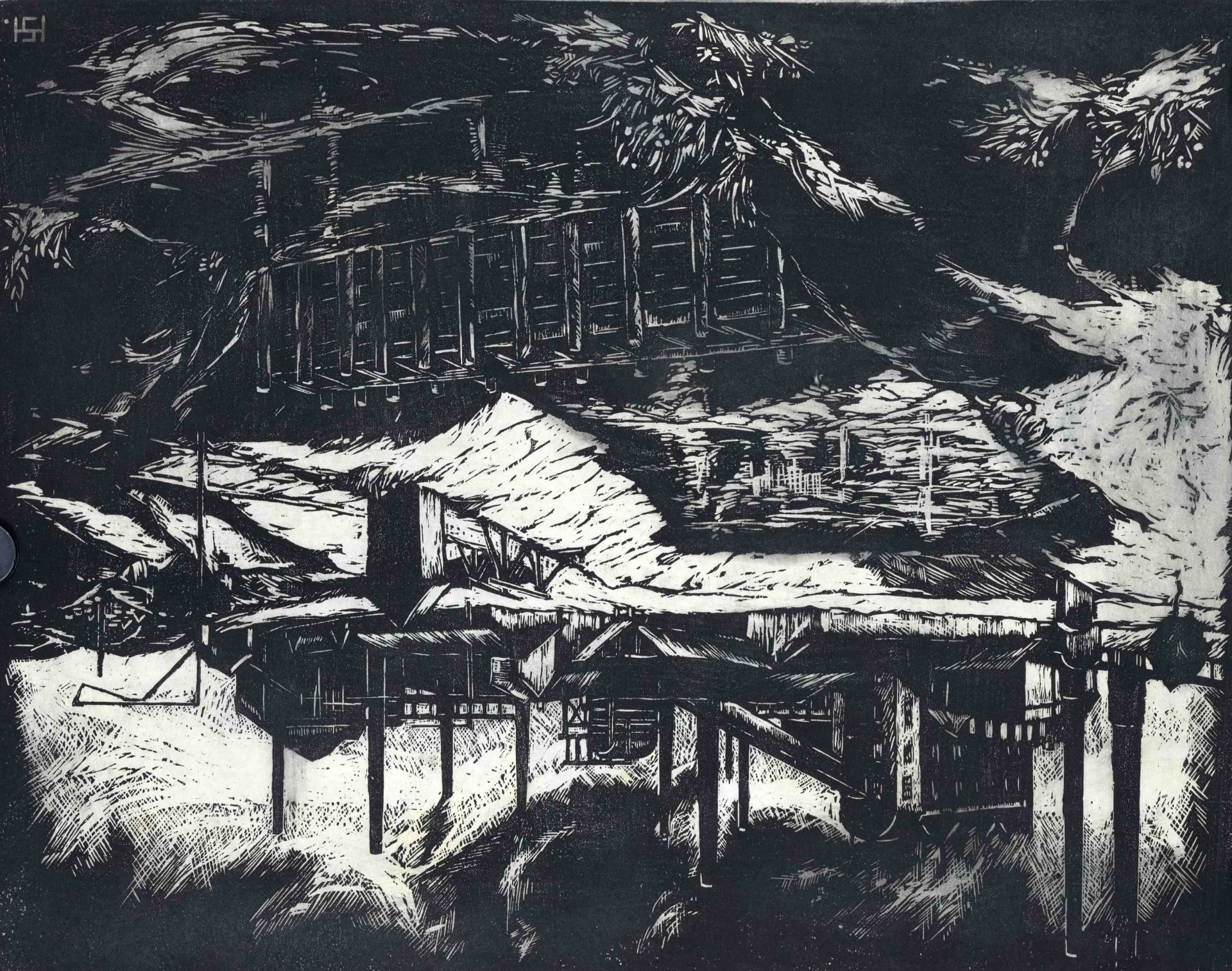 Monogrammist HS, 1st half 20th century, industrial landscape, large woodcut on very fine paper,