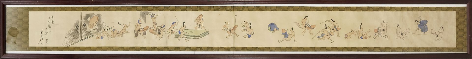 Scroll painting by Gyu Sai Kawanabe, Mocking the Strength of Man, Japan, 17th century, painting on