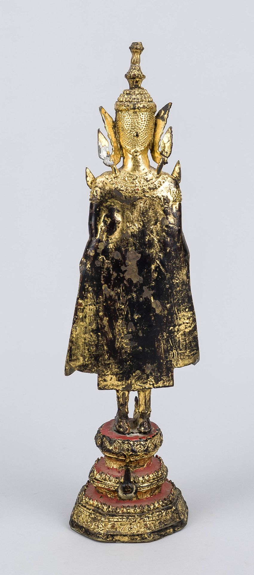 Buddha Rattanakosin, Thailand 19th century, bronze with gold lacquer. Standing on a multi-tiered - Image 2 of 2