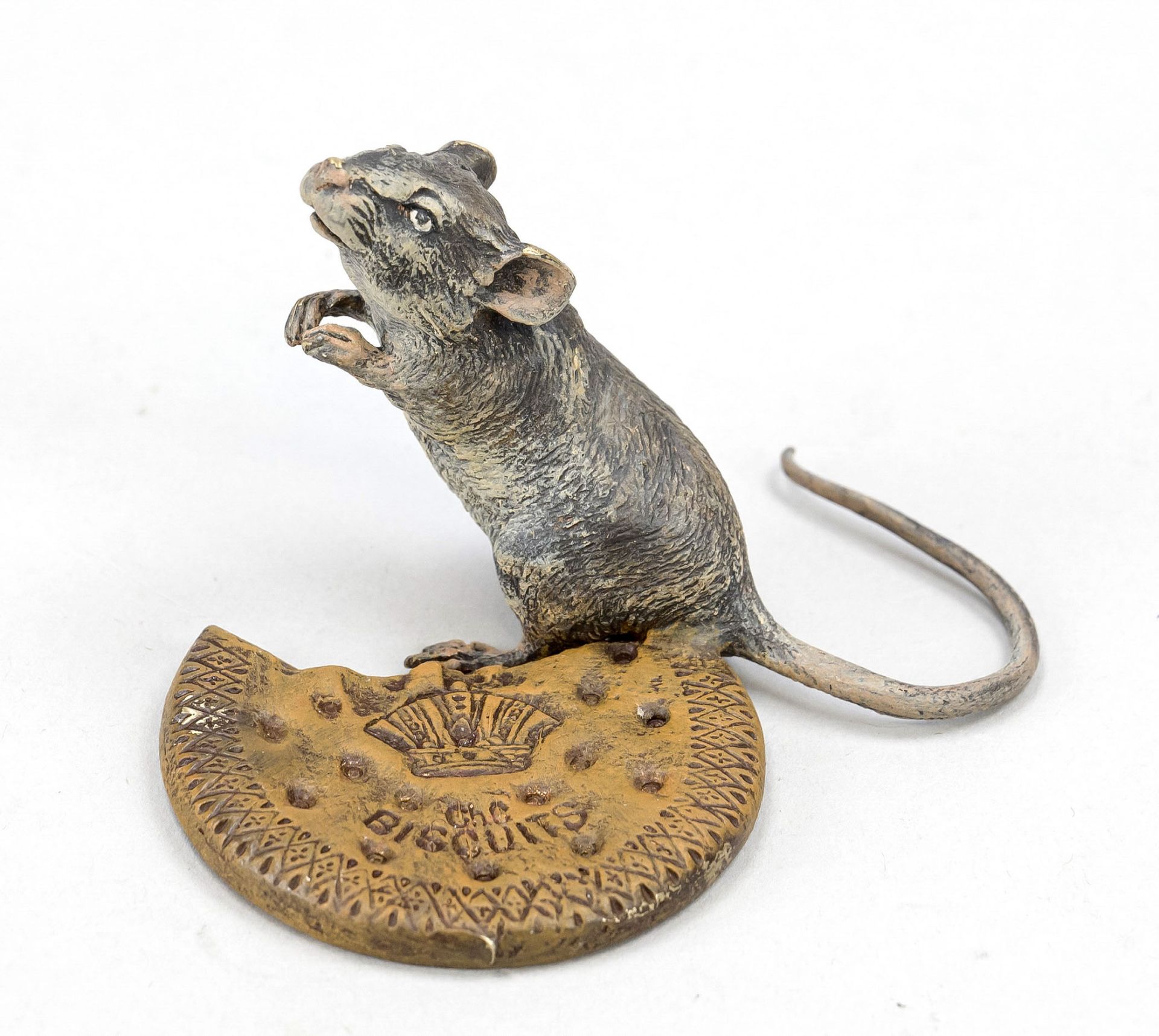 Small bronze in the style of Viennese bronzes, 20th century, Rat with a cookie, polychrome cold-