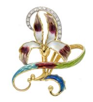 Enamel diamond brooch/pendant GG 585/000 in the shape of a lily with colorful enamel and 16