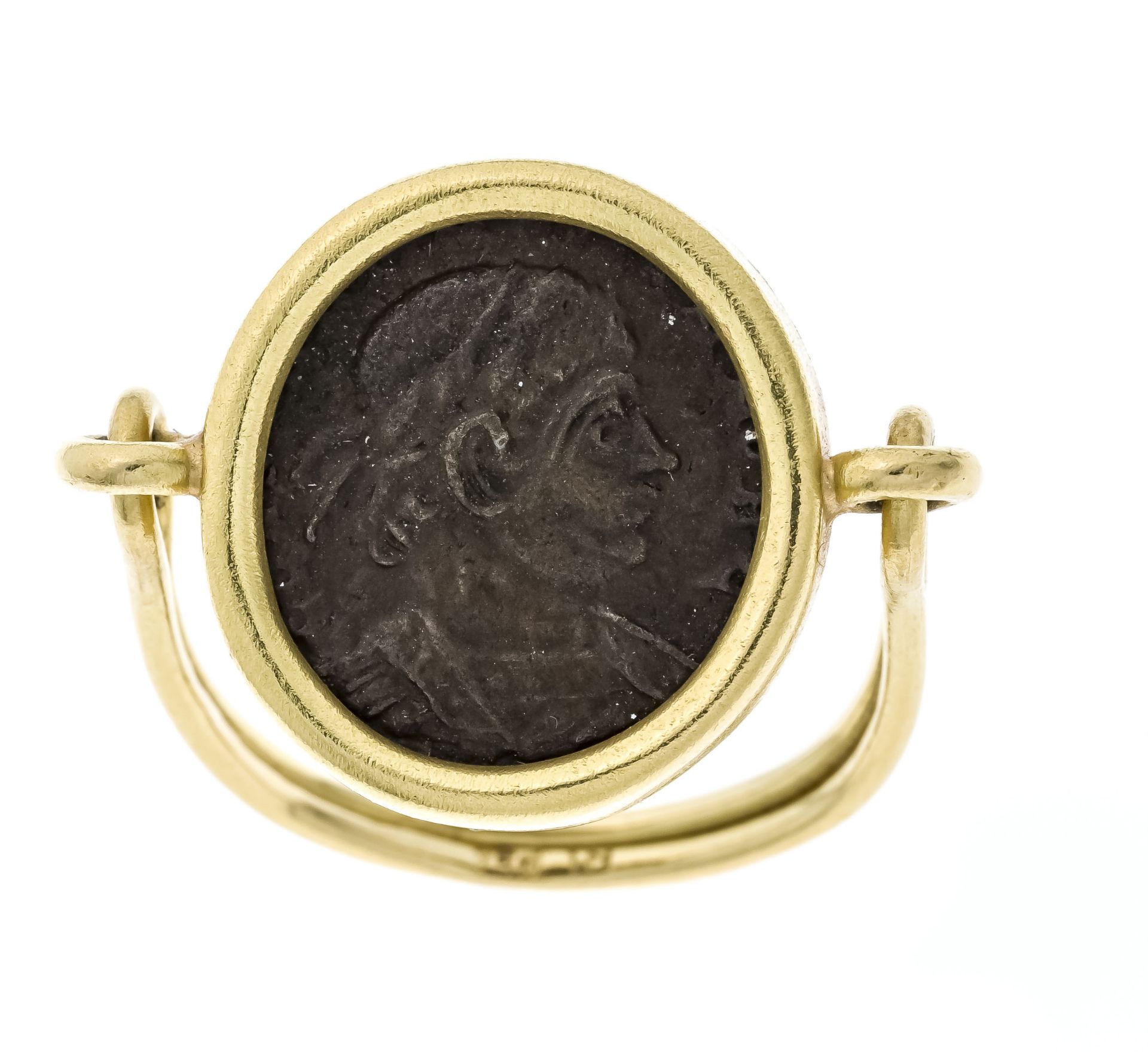 Coin ring GG 750/000 unmarked, tested, with embossing of a Roman coin, RG 55, 8.2 g, goldsmith's