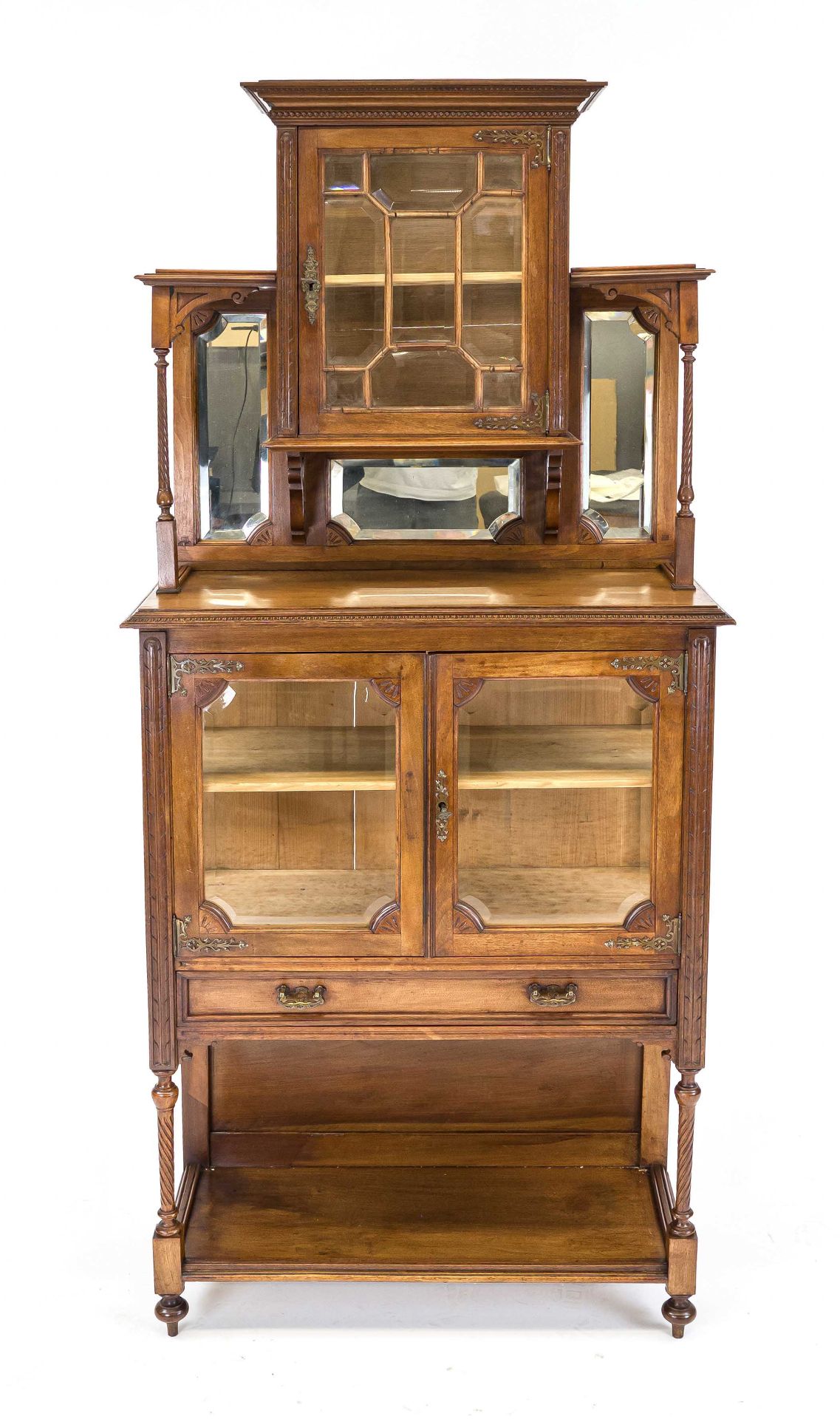 Ornamental cabinet, c. 1890, walnut, 2-door base with open compartment and faceted glazing, top with