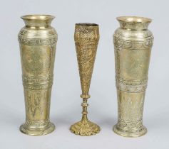 Three brass vases, 19th/20th century, probably Indo-Persian. One pair of vases with fine, engraved
