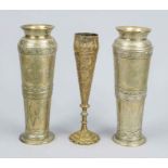 Three brass vases, 19th/20th century, probably Indo-Persian. One pair of vases with fine, engraved