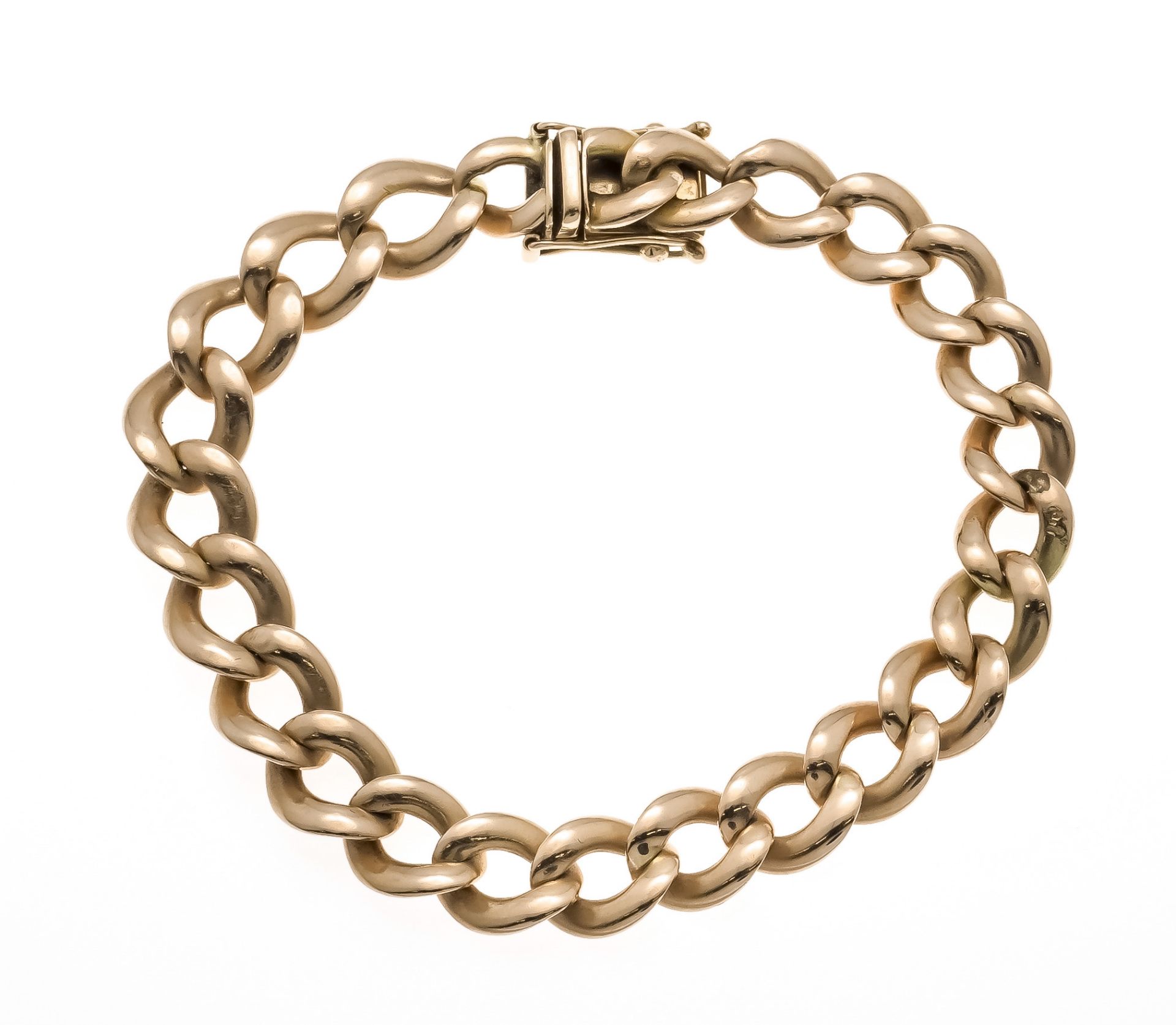 Flat curb chain bracelet circa 1920 RG 585/000, w. 9.2 mm, box clasp with 2 SI eights, l. 17.9 cm,