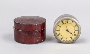 travel clock in case, circa 1900, round nickel case in leather case, gold dial with black Roman