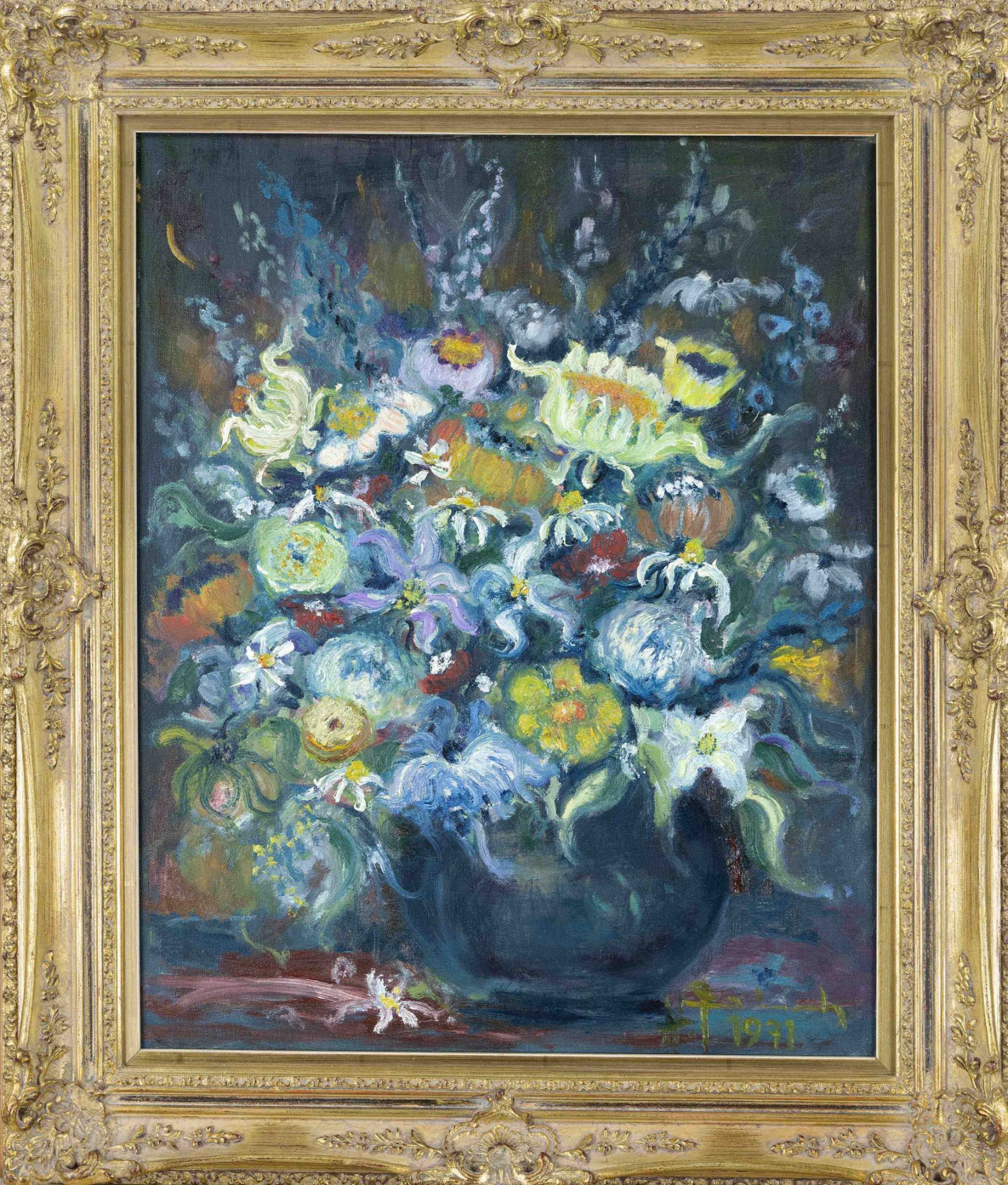 Unidentified artist c. 1970, expressive flower piece, oil on canvas, indistinctly signed and dated